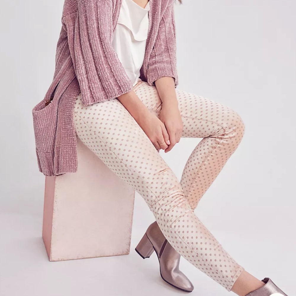 Pilcro and the Letterpress Pink Polka dot Velvet high-rise skinny jeans